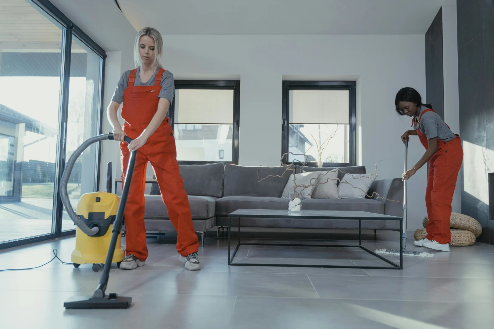 Cleaning team in action background